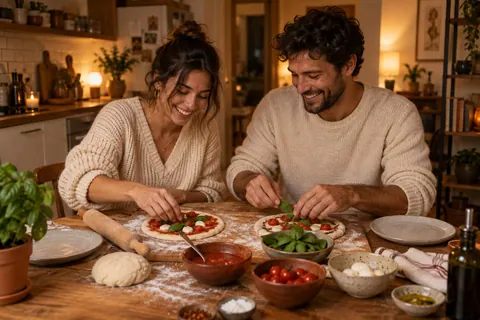 A couple making homemade pizzas together in a cozy kitchen
